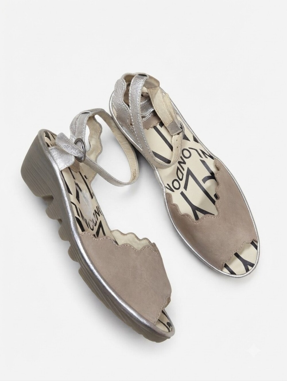 Fly London Silver Taupe Leather Wedge Sandals Ankle Strap Peep Toe Size 37 US 6.